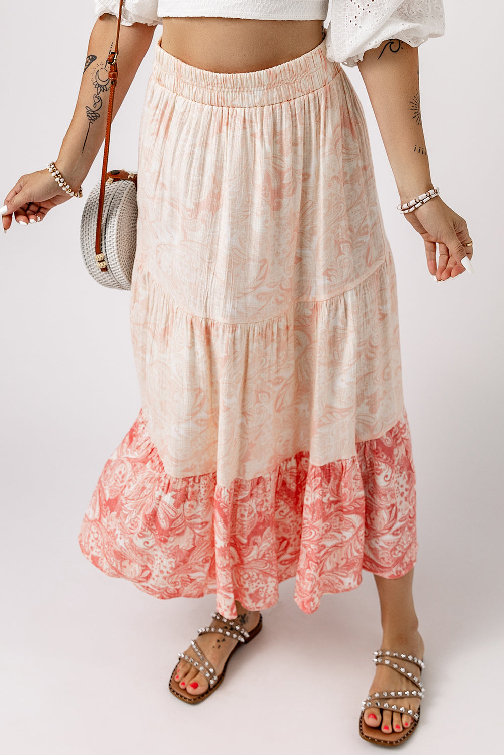 Honeybee Mumford's Pink Floral Print Ruffle Hem Tiered Maxi Skirt