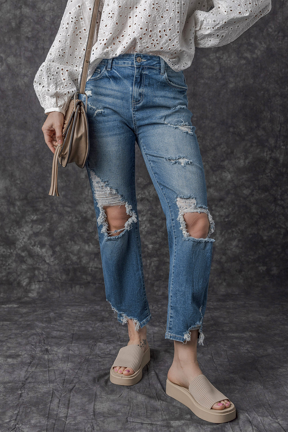 Honeybee Mumford's Sky Blue Ripped Knee Hole High Waist Jeans