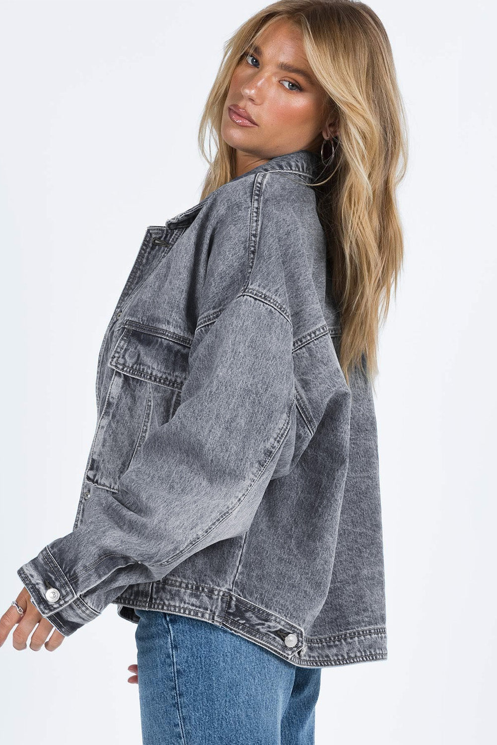 Honeybee Mumford's Gray Chest Pockets Drop Shoulder Loose Denim Jacket