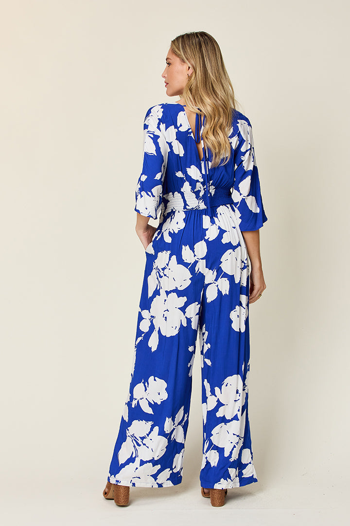 Honeybee Mumford's Full Size Printed Tie Back Wide Leg Jumpsuit