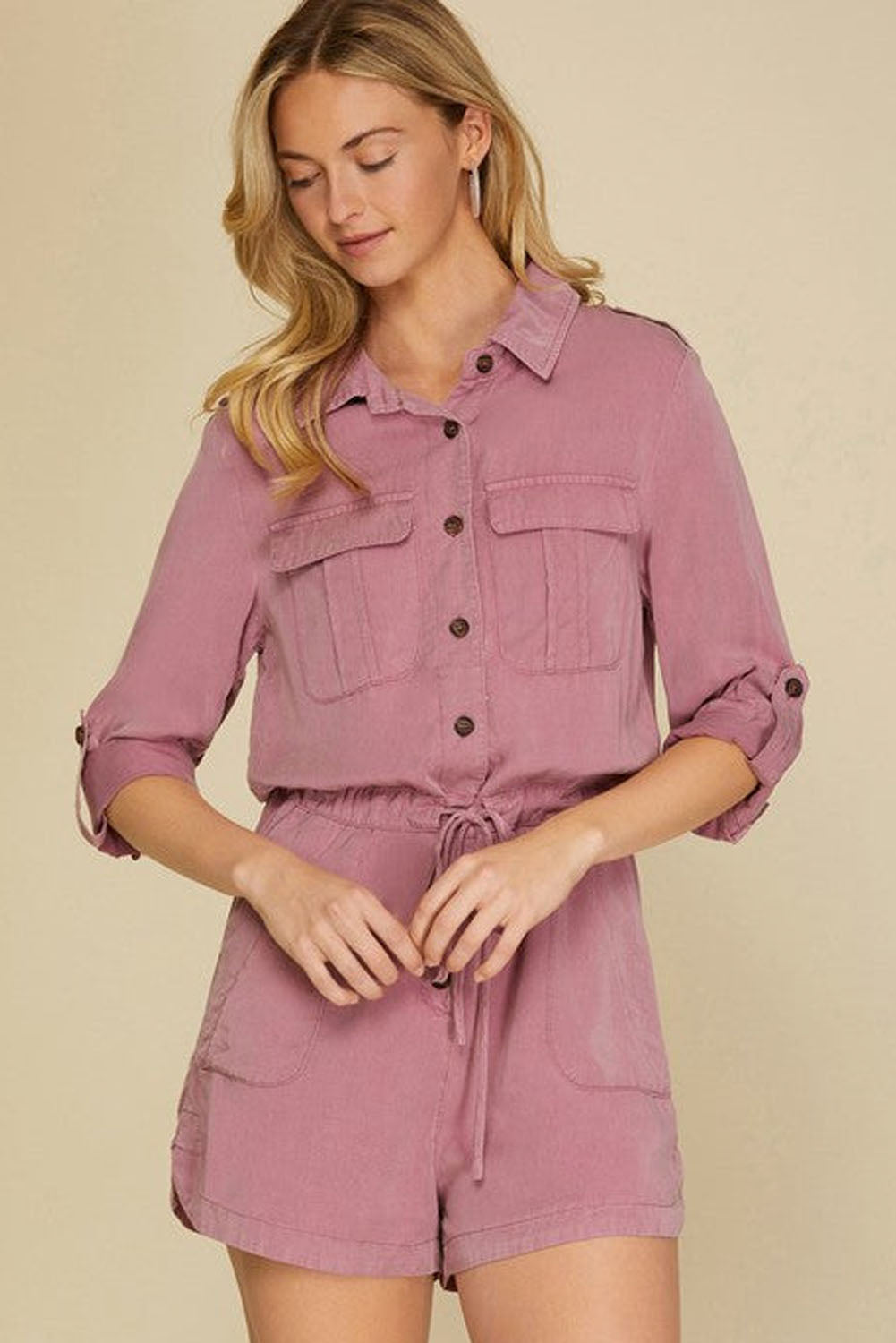 Honeybee Mumford's Pink Roll up Sleeve Flap Pockets Drawstring Playsuit