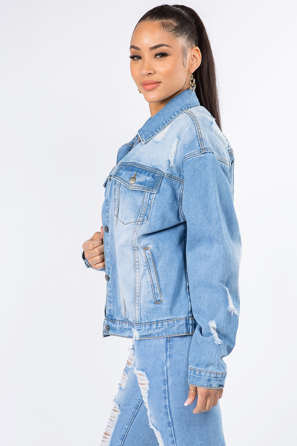 Honeybee Mumford's Graphic Distressed Long Sleeve Denim Jacket