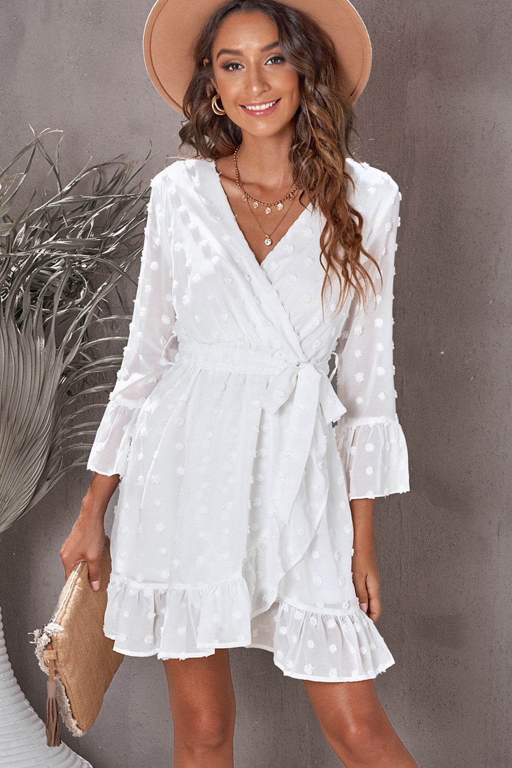 Honeybee Mumford's White Swiss Dot Ruffled Tie-Waist Surplice Dress