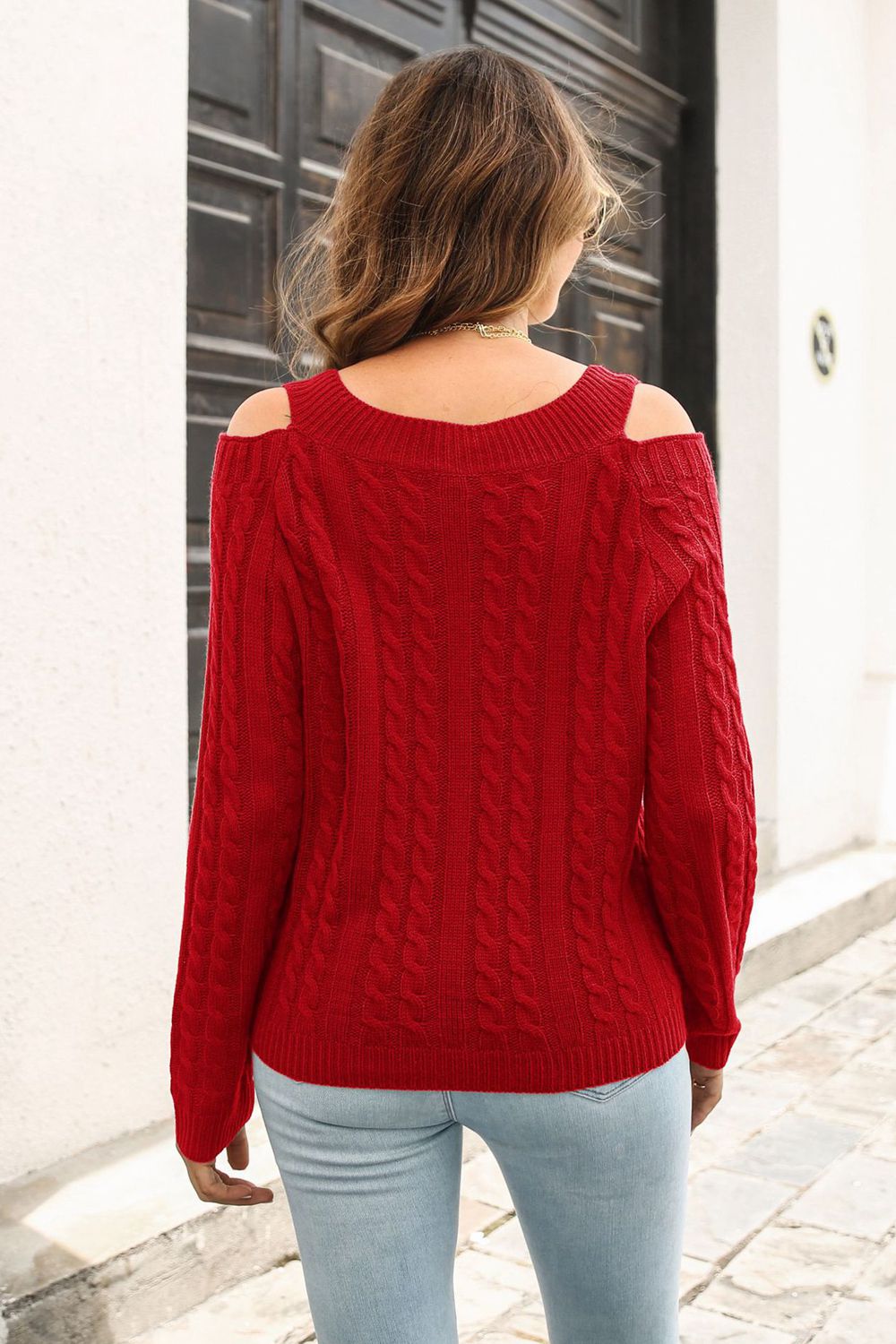 Honeybee Mumford's Cold Shoulder V-Neck Cable-Knit Pullover Sweater