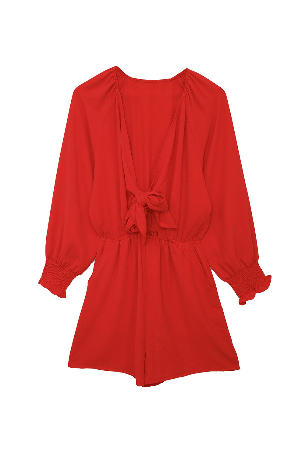 Honeybee Mumford's Fiery Red Tie Knot Puff Long Sleeve Romper