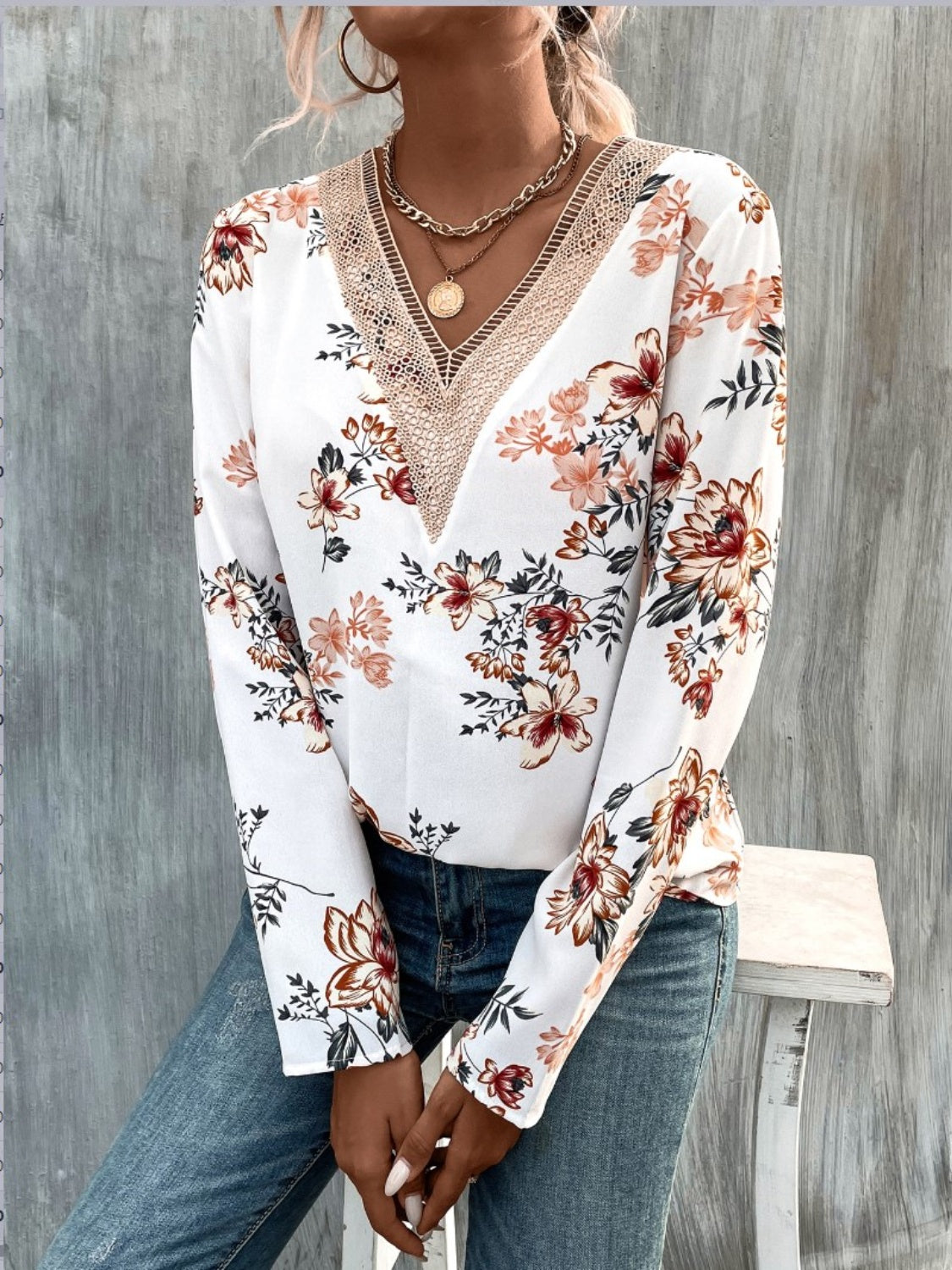 Honeybee Mumford's Printed V-Neck Long Sleeve Blouse