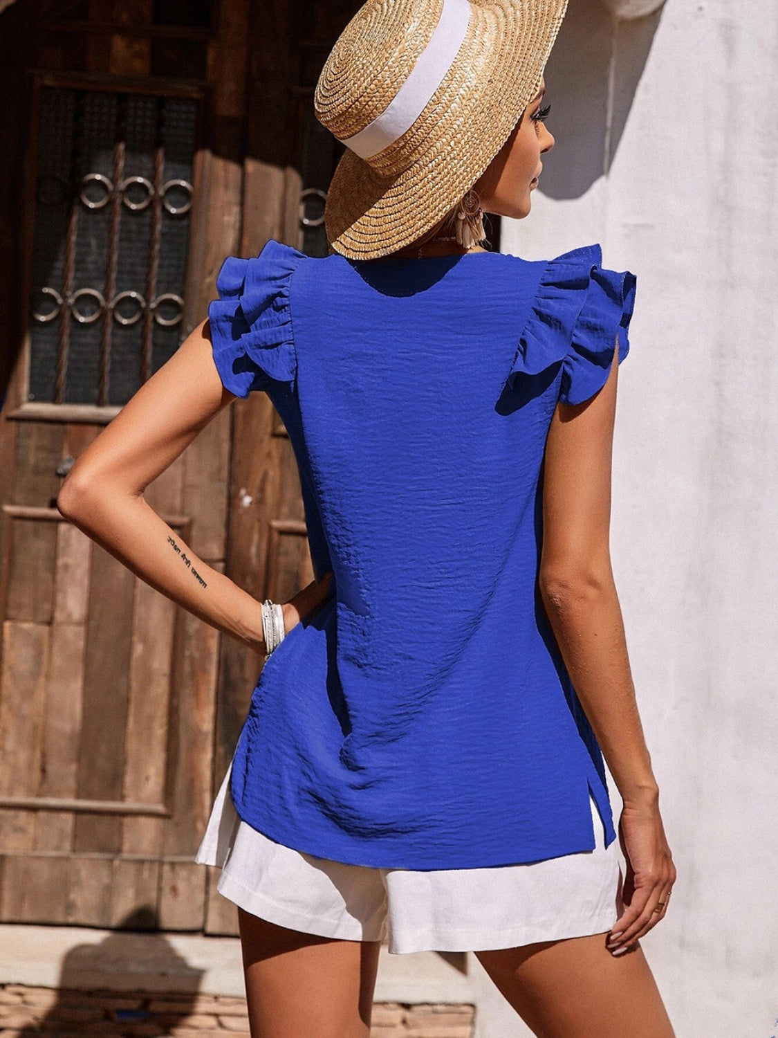 Honeybee Mumford's Ruffled V-Neck Cap Sleeve Blouse