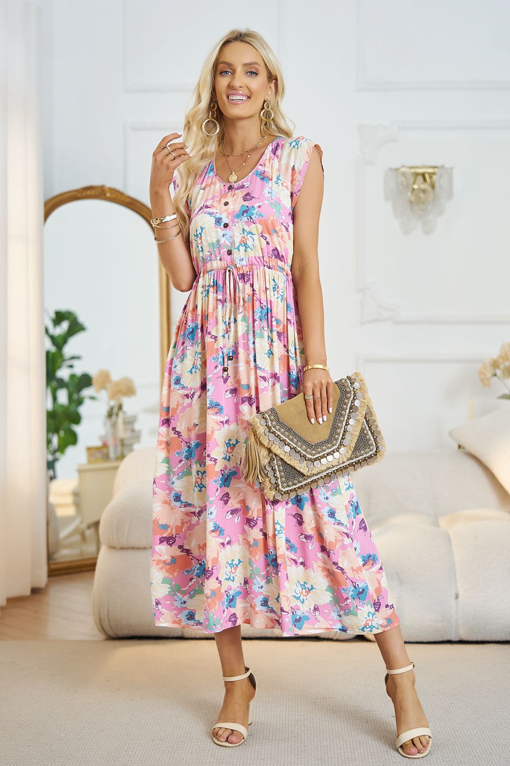 Honeybee Mumford's Floral V-Neck A-Line Midi Dress