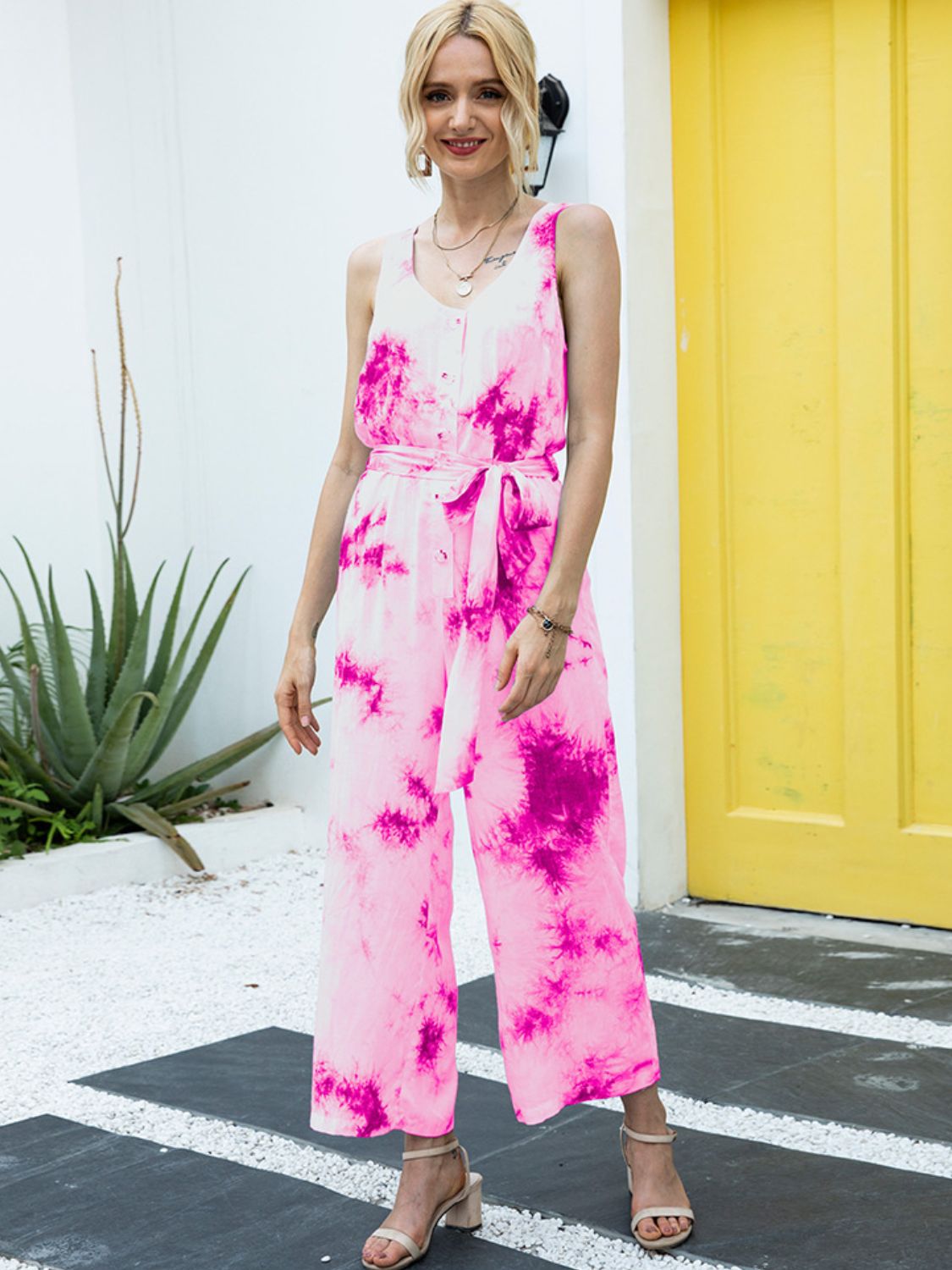 Honeybee Mumford's Tie-Dye Tie Waist Sleeveless Jumpsuit