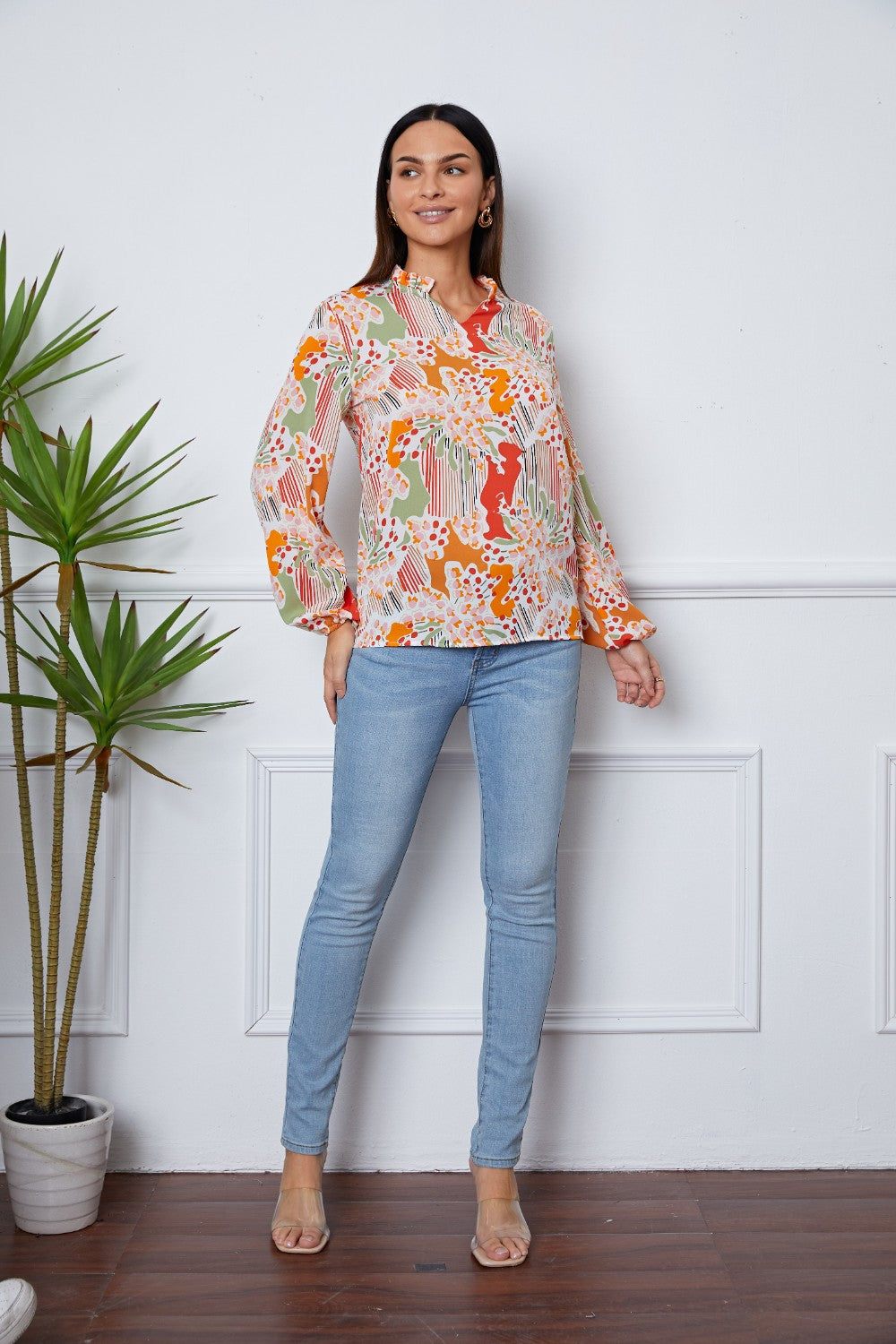 Honeybee Mumford's Floral Frill Notched Long Sleeve Blouse