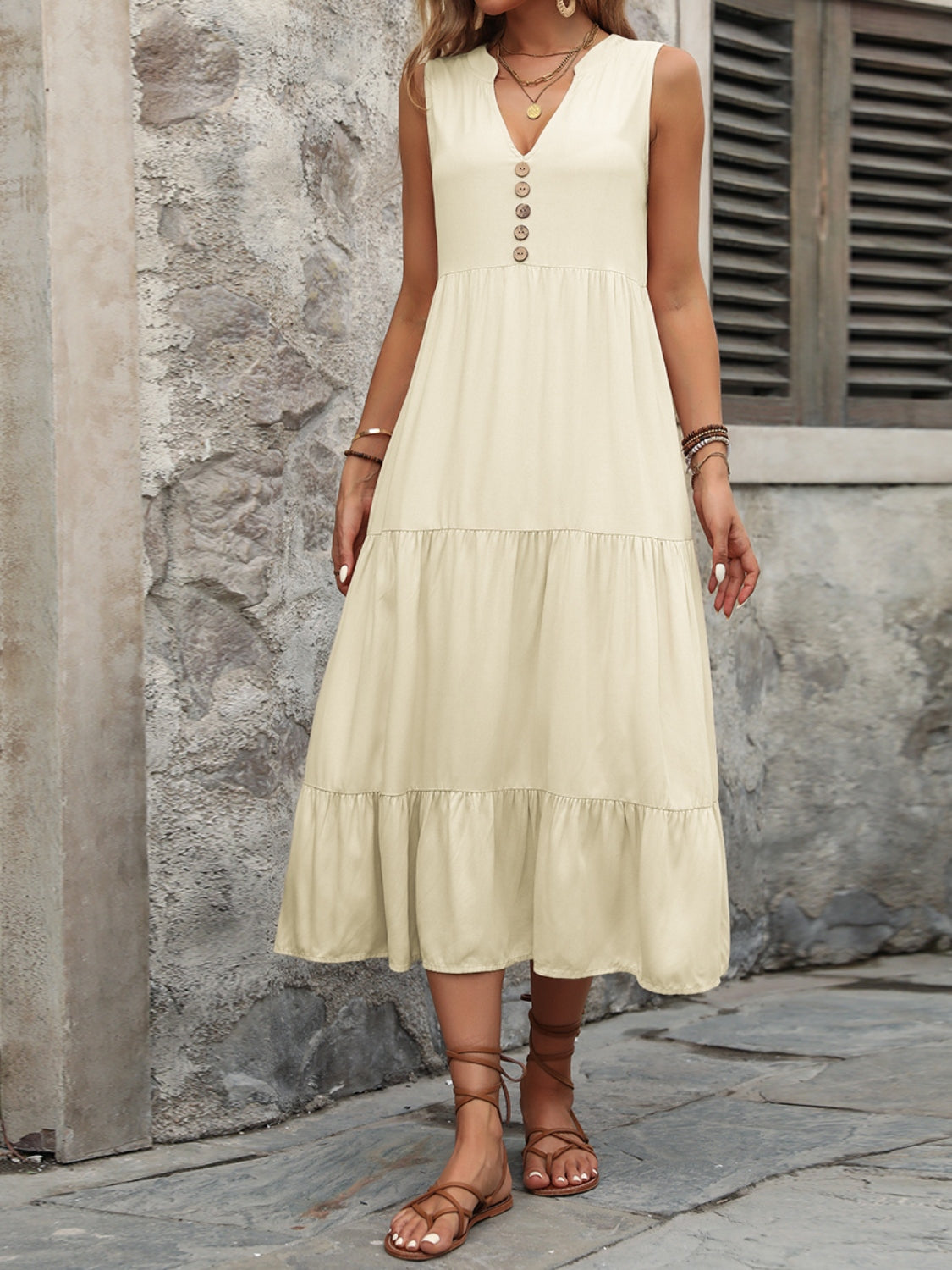 Honeybee Mumford's Decorative Button Notched Sleeveless Dress