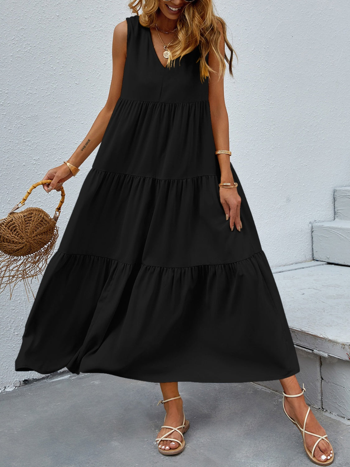 Honeybee Mumford's Tiered V-Neck Sleeve Dress