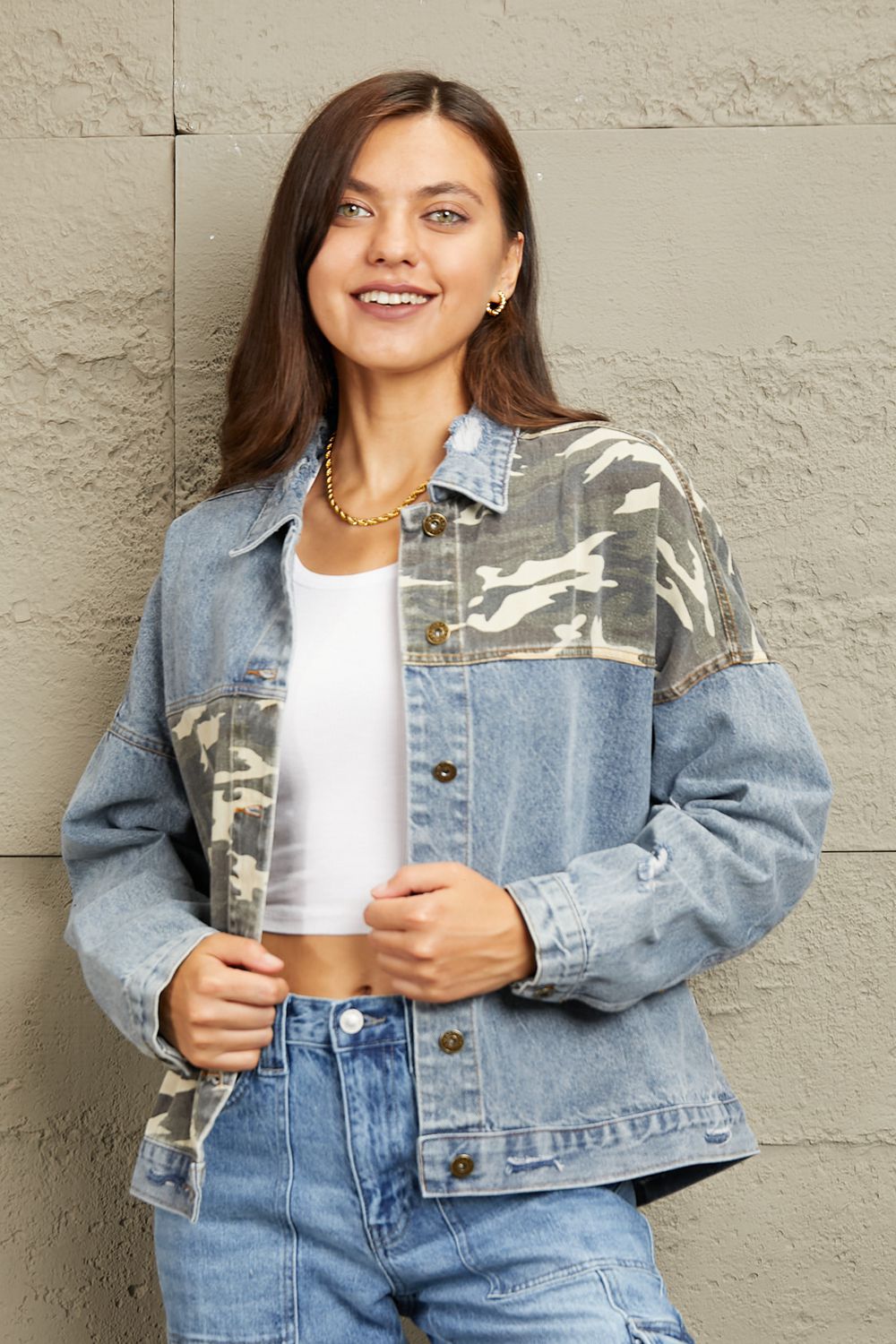 Honeybee Mumford's Full Size Washed Denim Camo Contrast Jacket