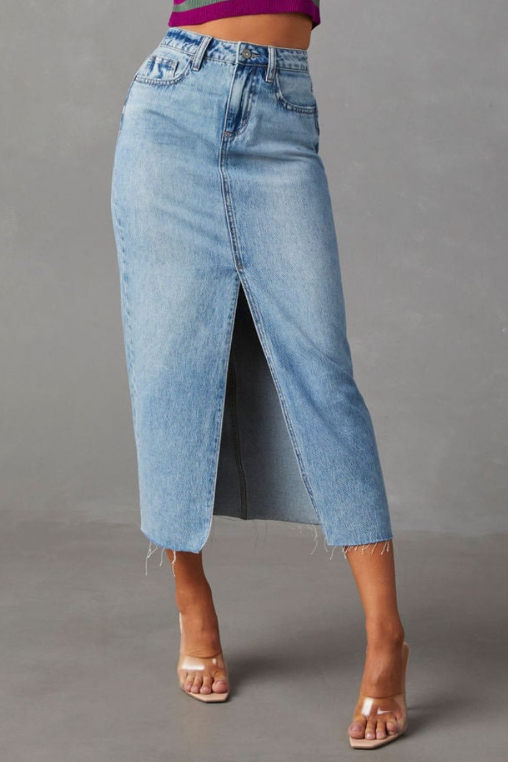 Honeybee Mumford's Slit Raw Hem Midi Denim Skirt