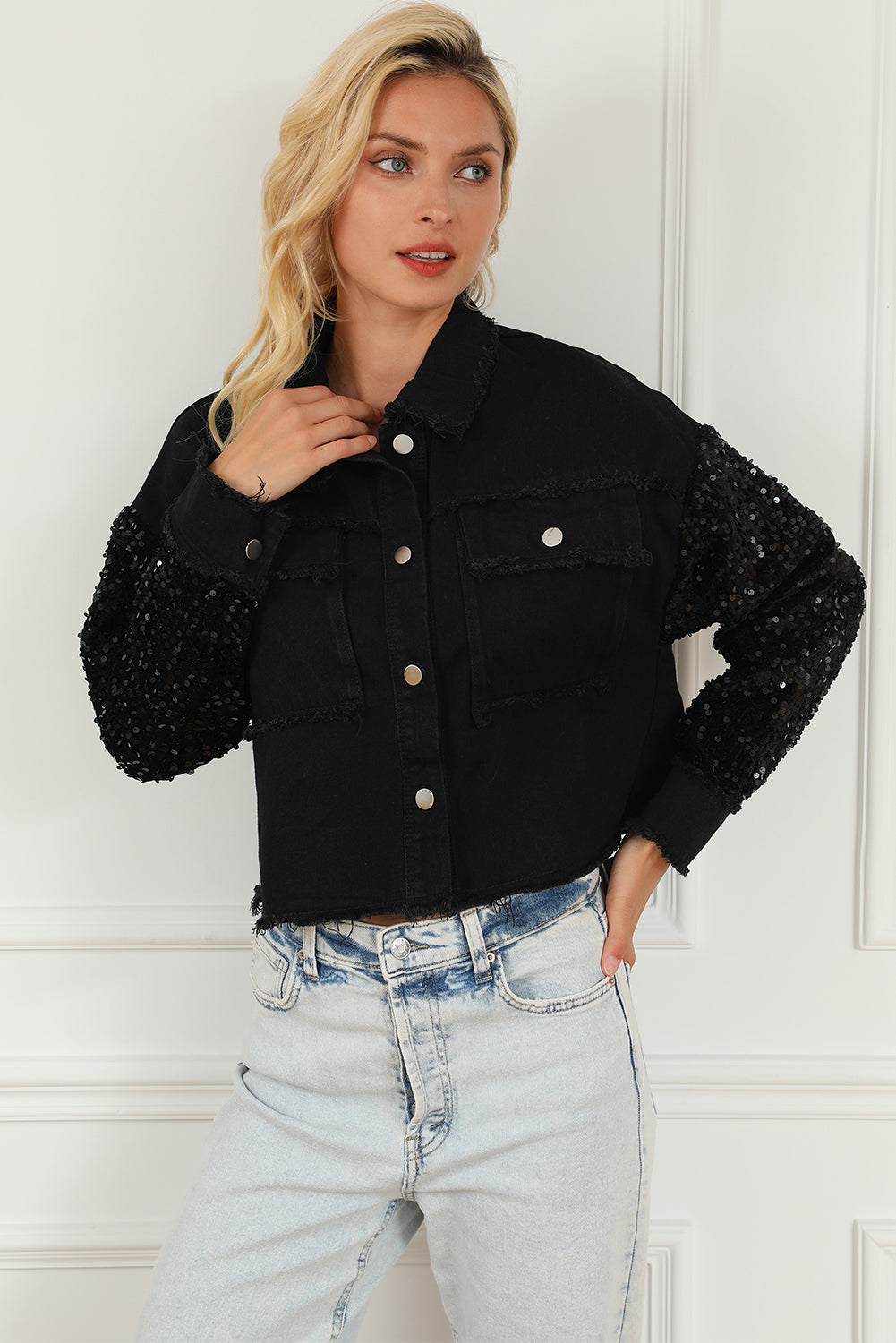 Honeybee Mumford's Sequin Button Up Raw Hem Denim Jacket