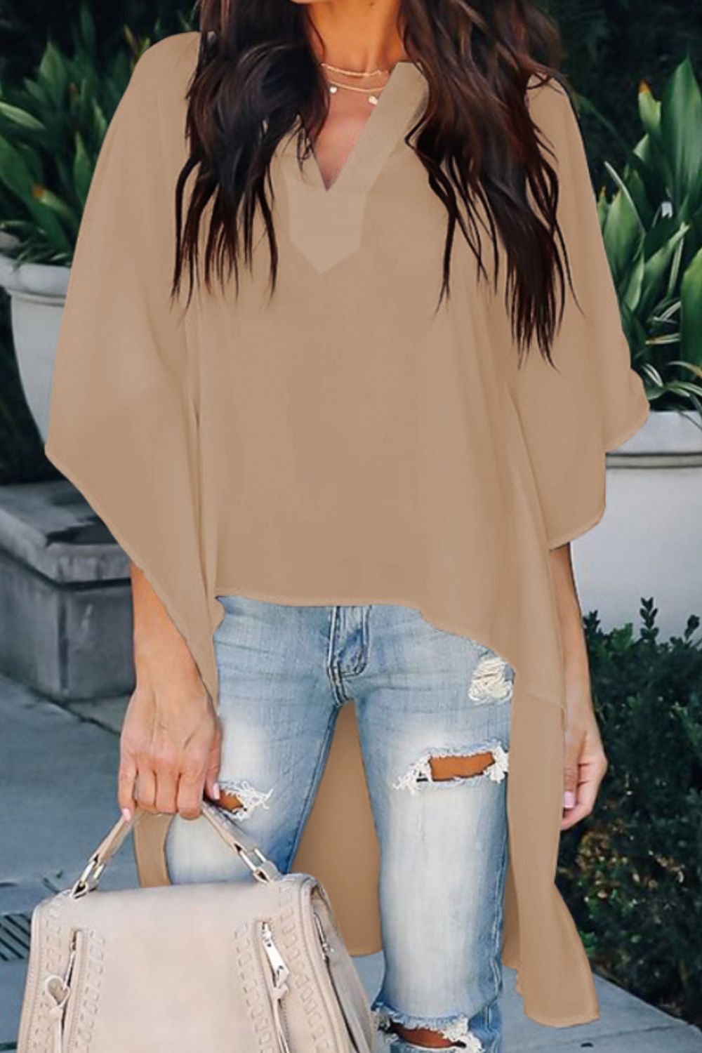 Honeybee Mumford's High-Low Notched Half Sleeve Blouse