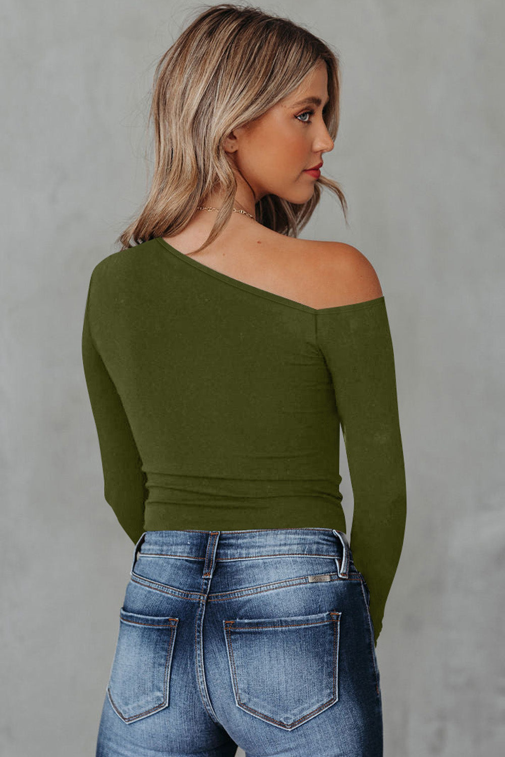 Honeybee Mumford's Black or Army Green Asymmetrical Neck Long Sleeve Top