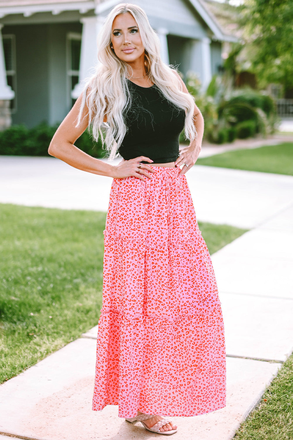 Honeybee Mumford's Pink Leopard Print Frilled Drawstring High Waist Maxi Skirt