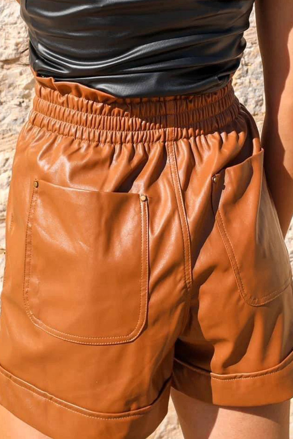 Honeybee Mumford's Brown Patch Pockets Faux Leather High Rise Shorts