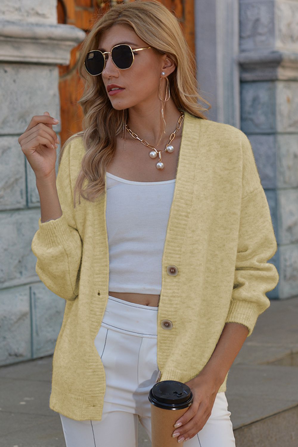 Honeybee Mumford's V-Neck Button-Down Dropped Shoulder Cardigan