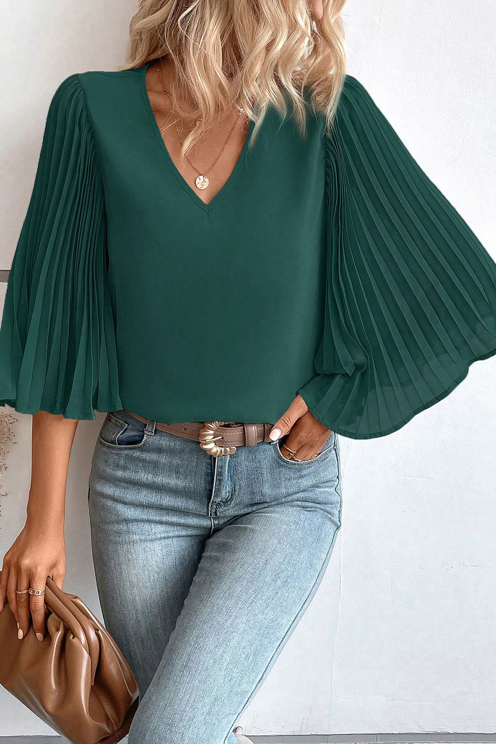 Honeybee Mumford's Pleated Flutter Sleeve V-Neck Blouse