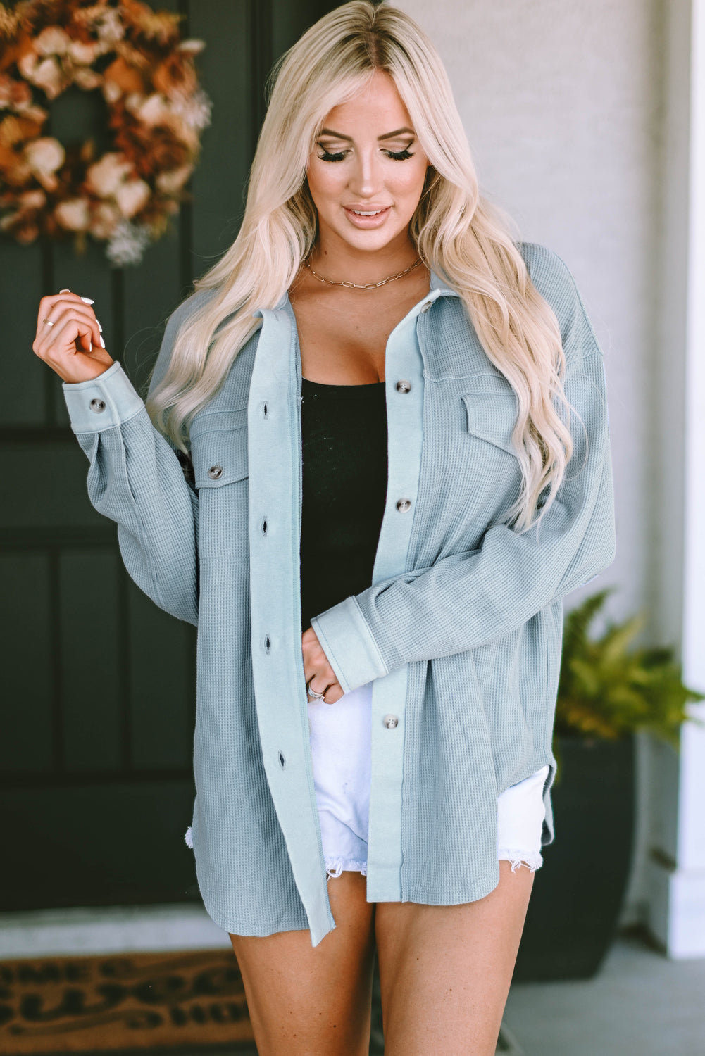 Honeybee Mumford's Misty Blue Button Down Drop Shoulder Jacket