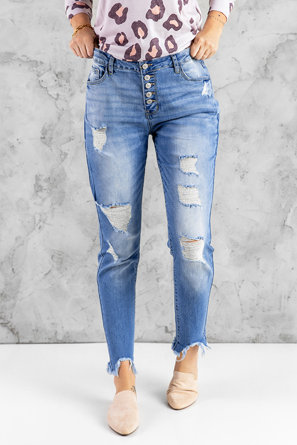 Honeybee Mumford's Sky Blue High Rise Button Front Frayed Ankle Skinny Jeans