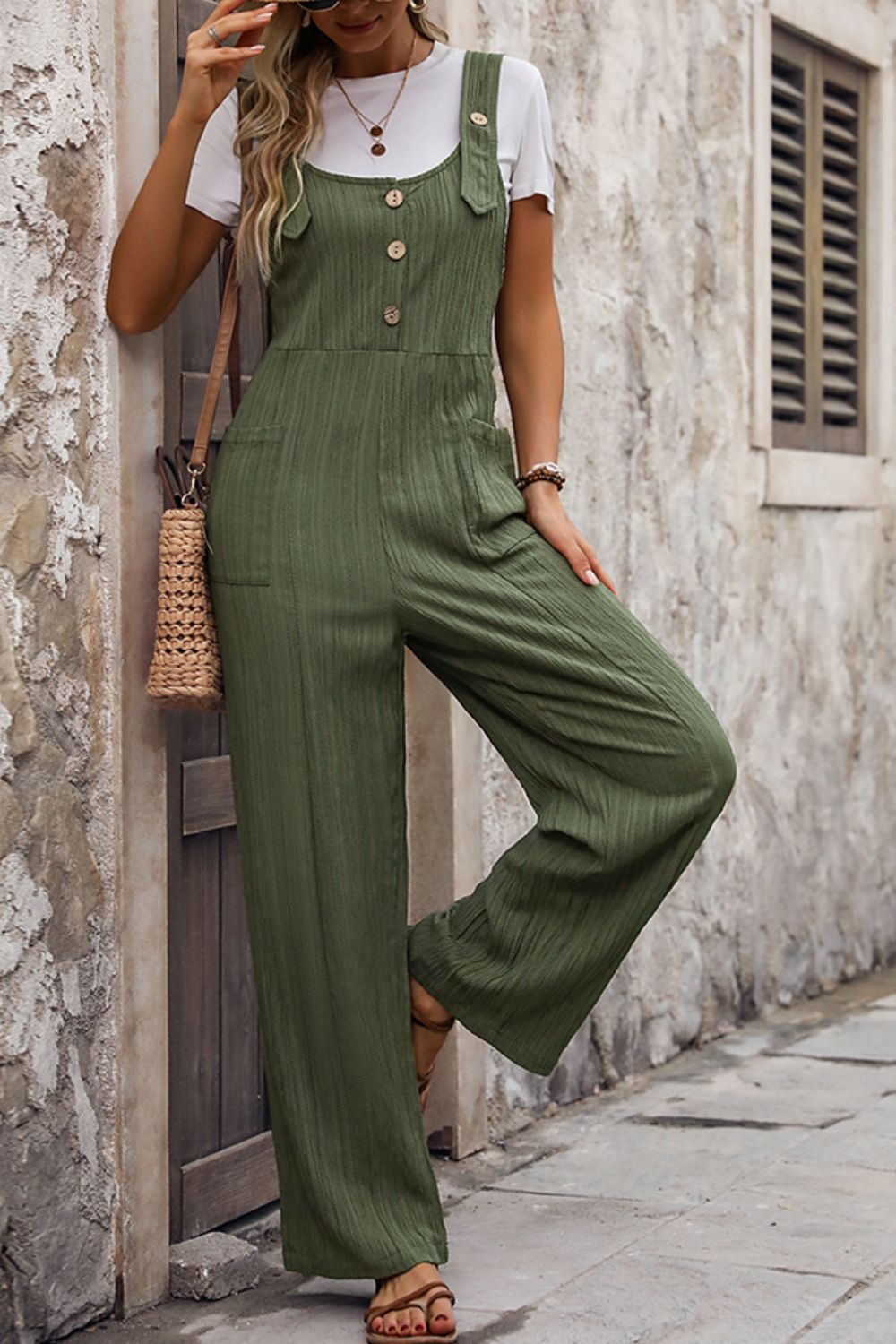 Honeybee Mumford's Textured Pocketed Wide Strap Overalls