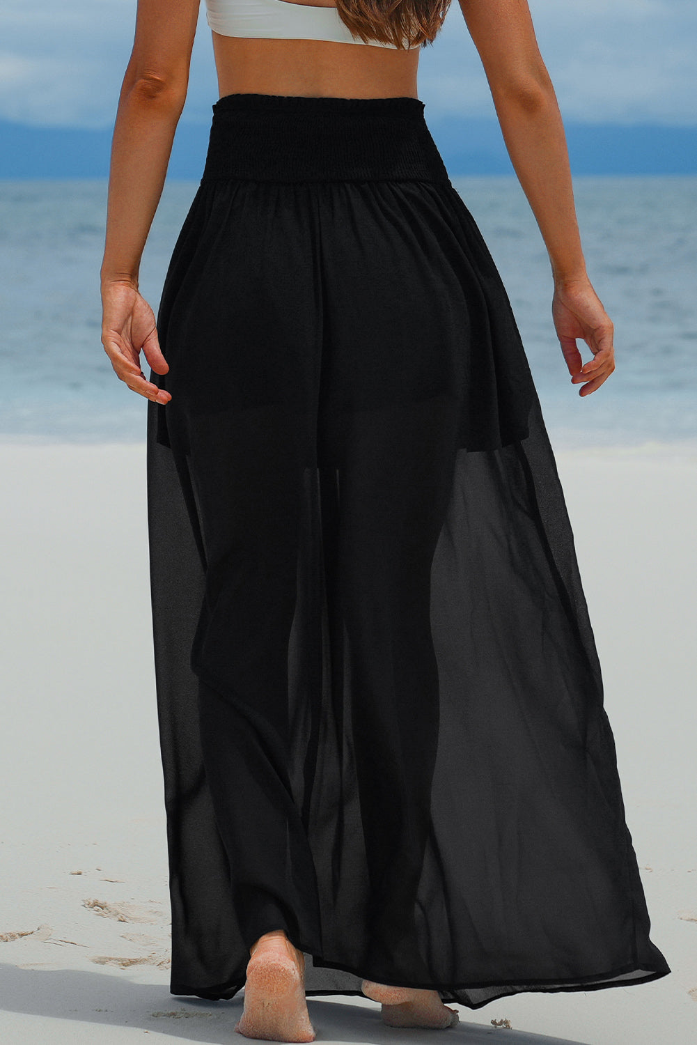 Honeybee Mumford's Black Shirred High Waist Chiffon Split Beach Maxi Skirt