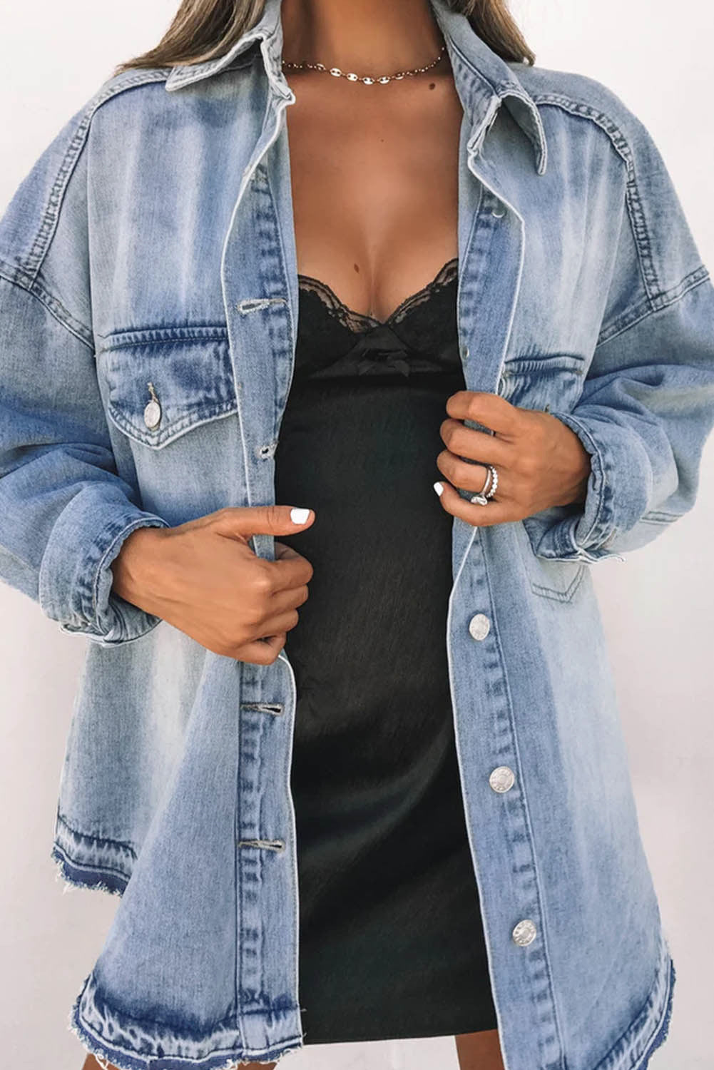 Honeybee Mumford's Sky Blue Flap Pocket Buttoned Oversized Denim Jacket