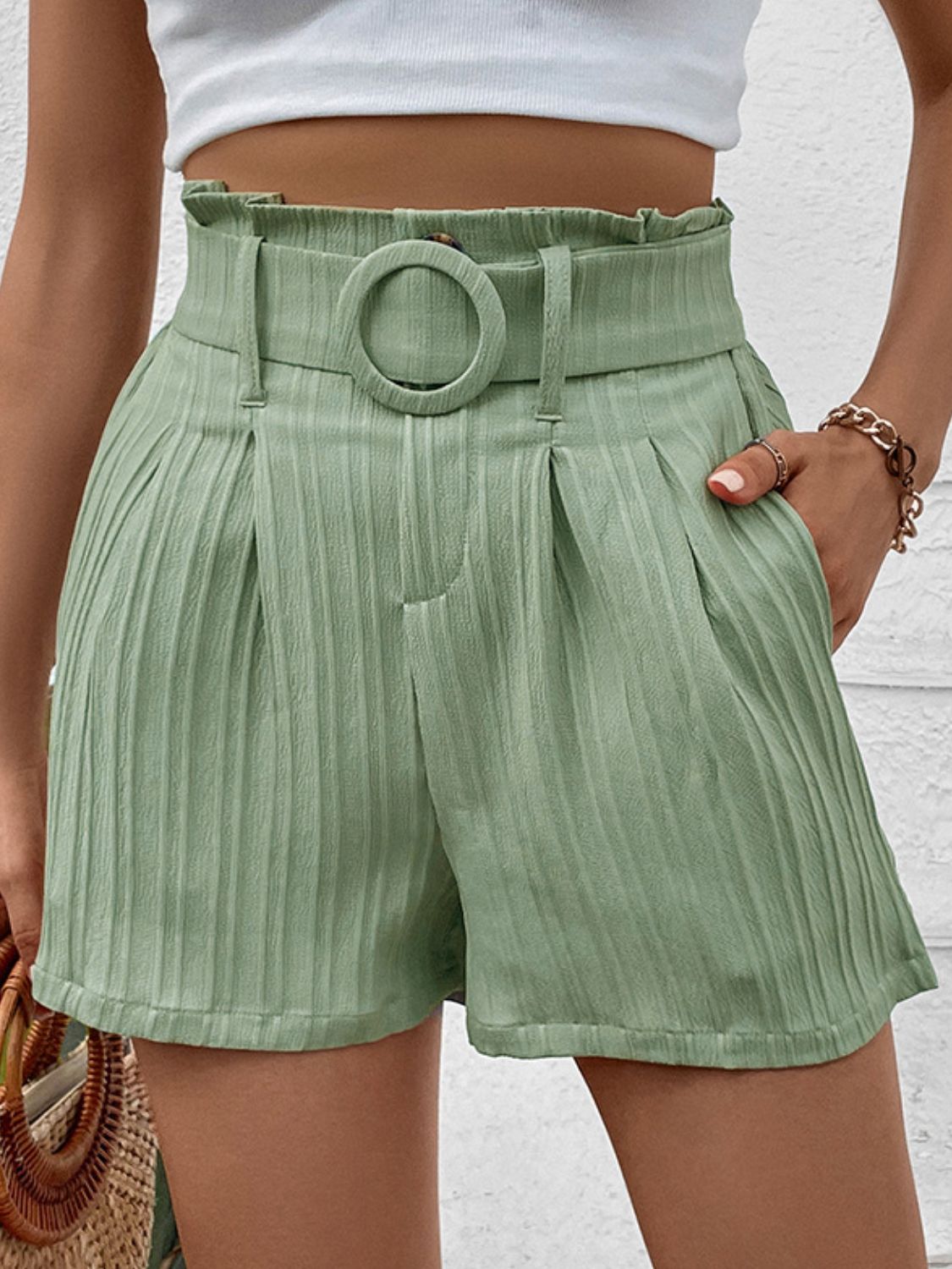 Honeybee Mumford's Light Green Belted Shorts with Pockets