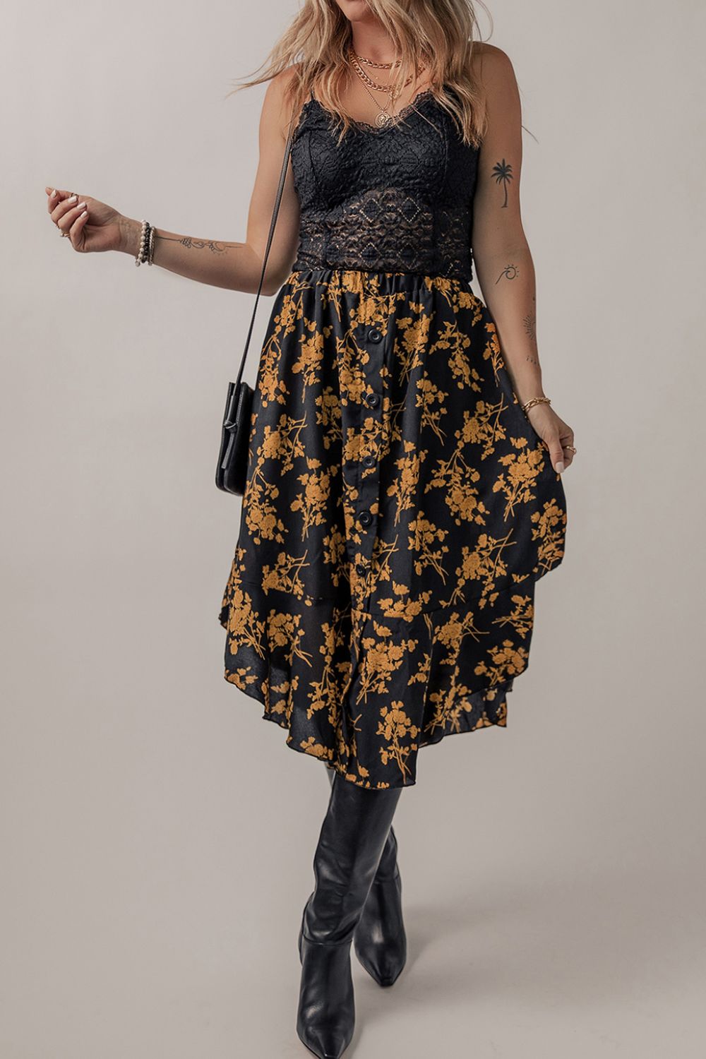 Honeybee Mumford's Floral Buttoned Ruffle Hem Skirt