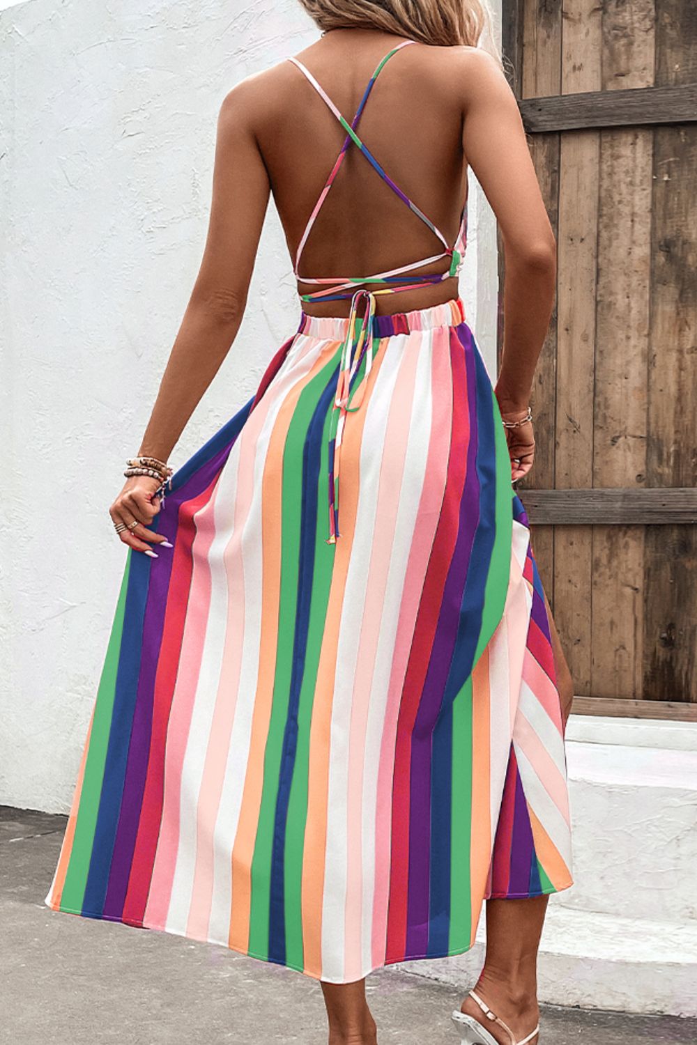 Honeybee Mumford's Multicolored Stripe Crisscross Backless Dress