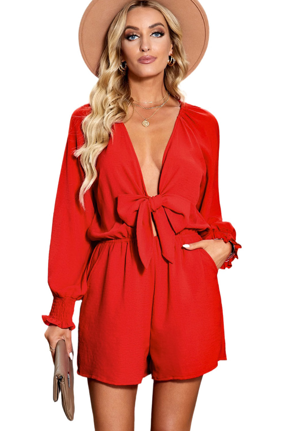 Honeybee Mumford's Fiery Red Tie Knot Puff Long Sleeve Romper