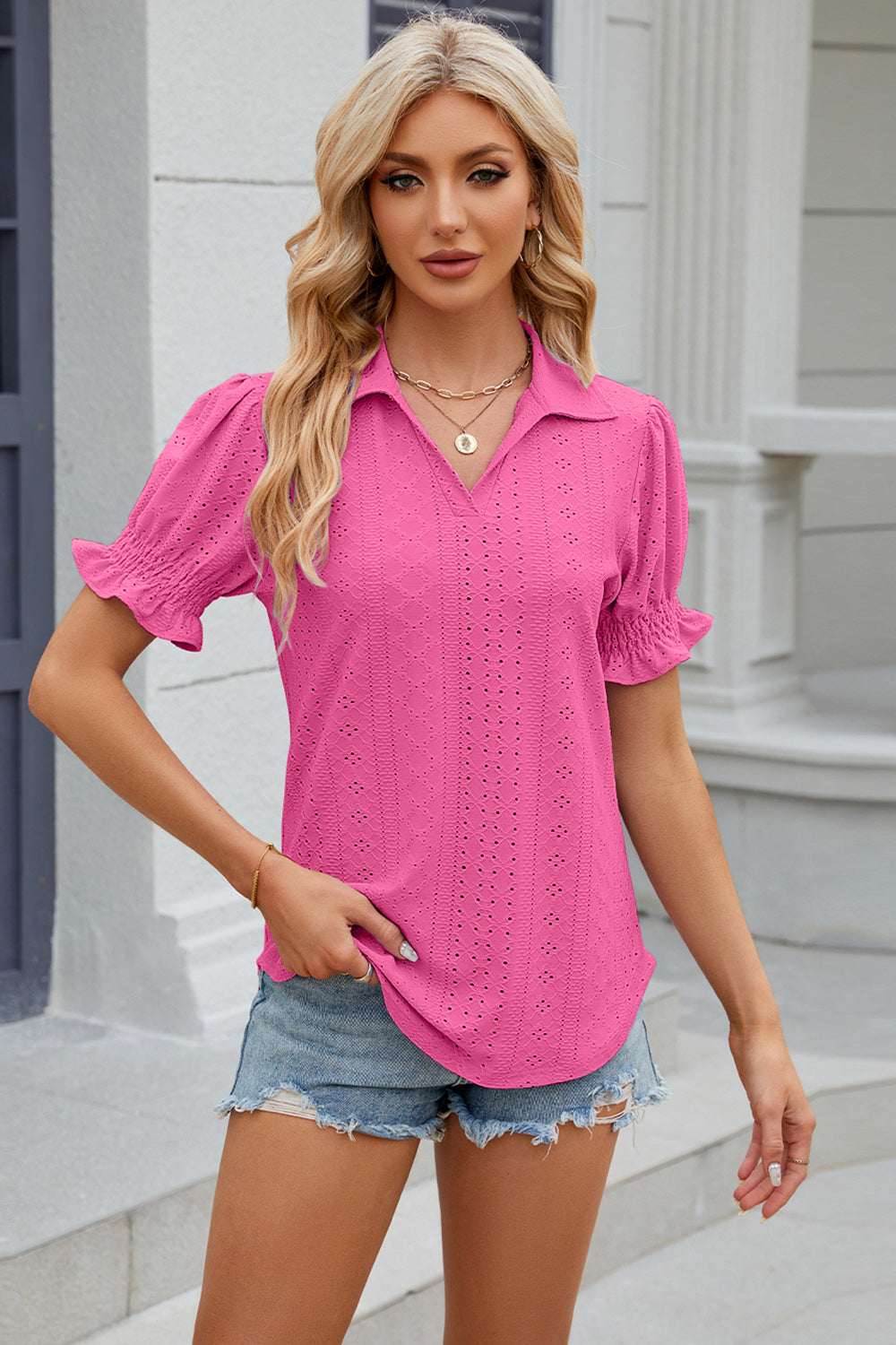 Honeybee Mumford's Eyelet Johnny Collar Short Sleeve Blouse