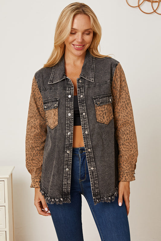 Honeybee Mumford's Leopard Raw Hem Pocketed Denim Jacket