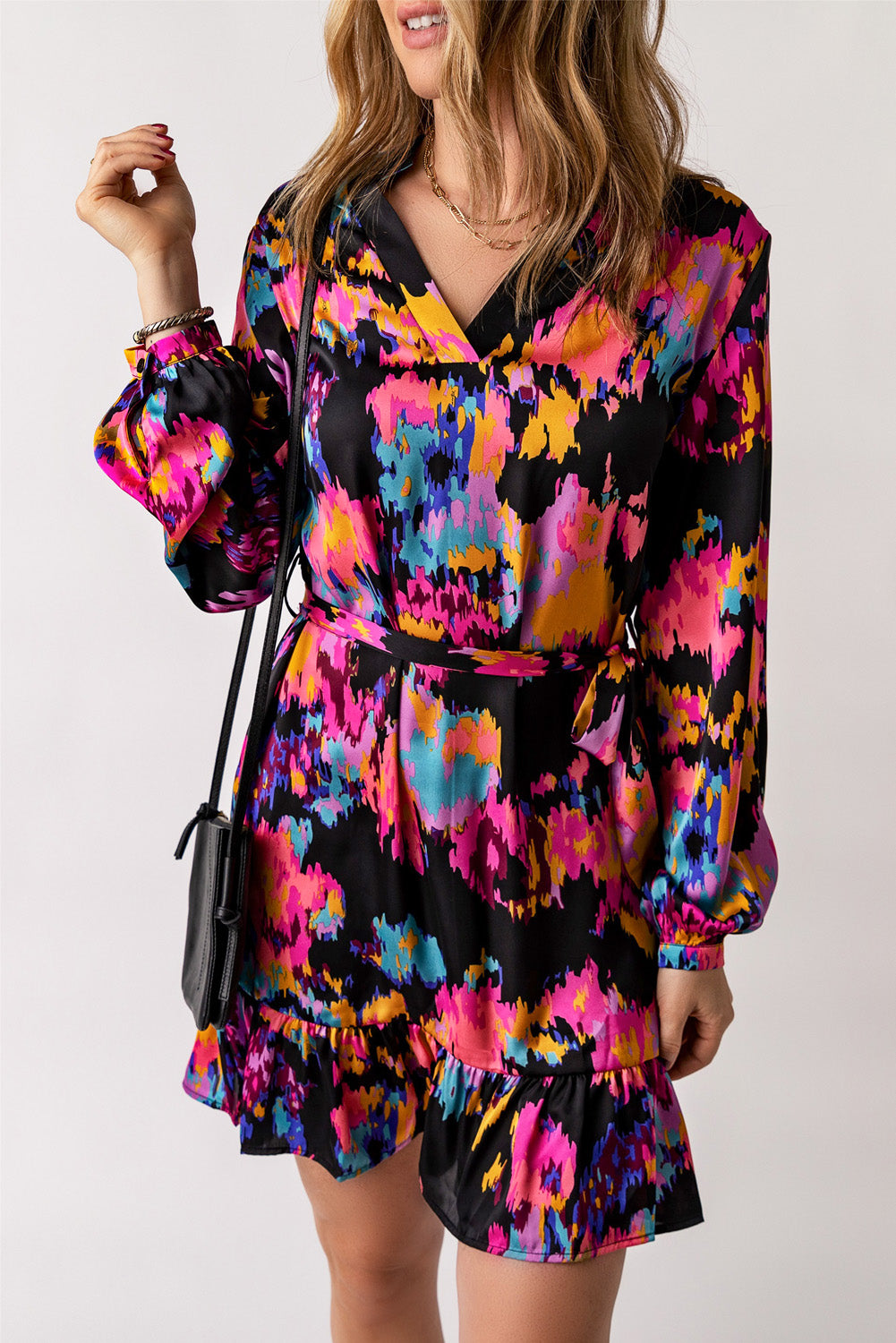 Honeybee Mumford's Casual Abstract Print Belted Ruffle Hem Dress