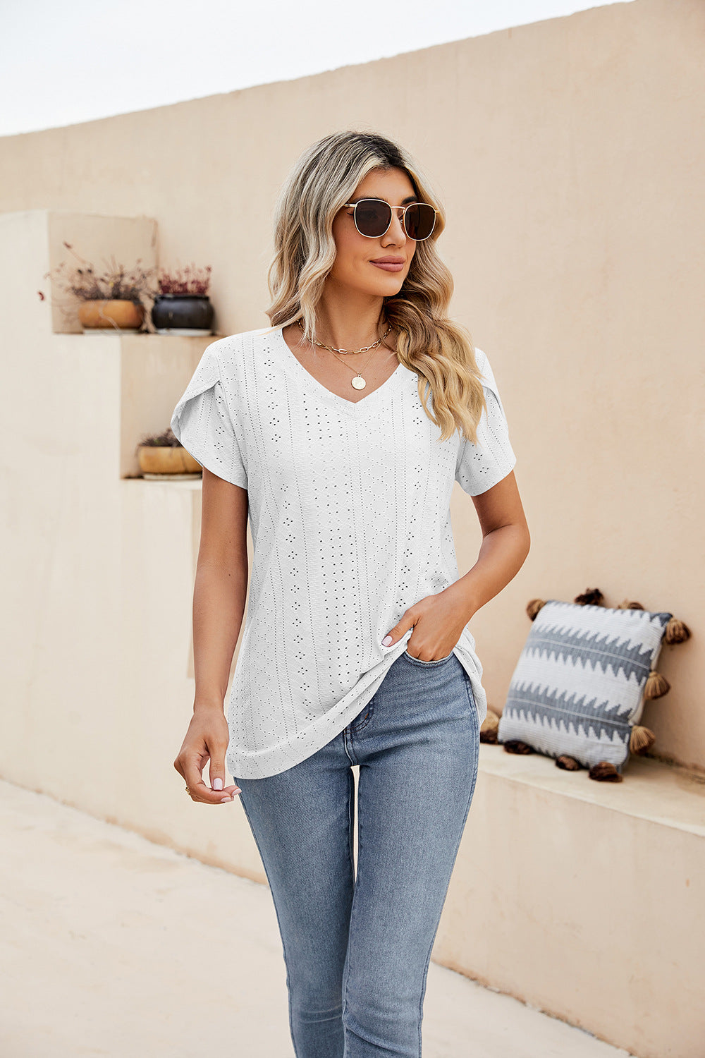 Honeybee Mumford's Eyelet Petal Sleeve V-Neck Knit Top