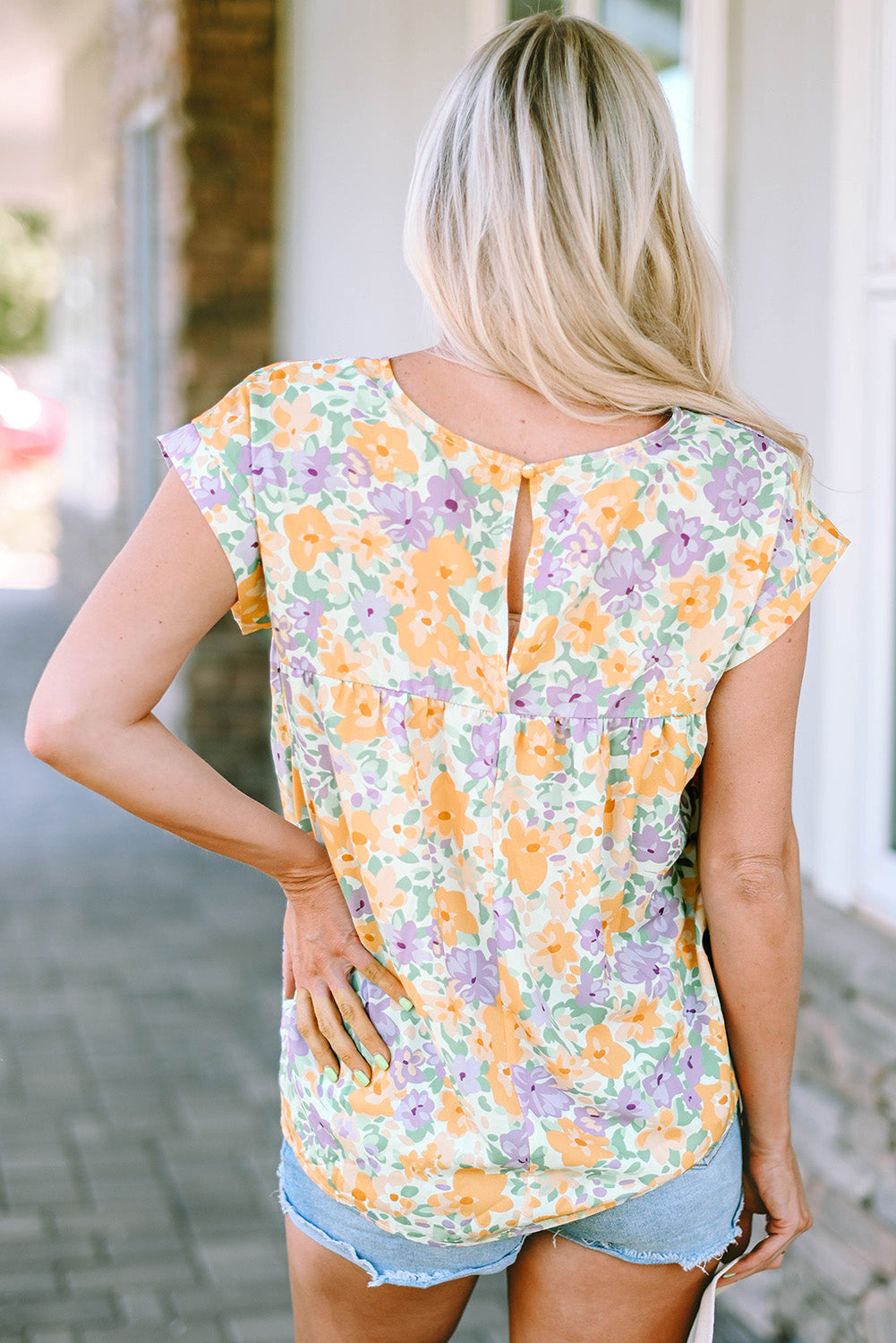 Honeybee Mumford's Printed Round Neck Cap Sleeve Blouse