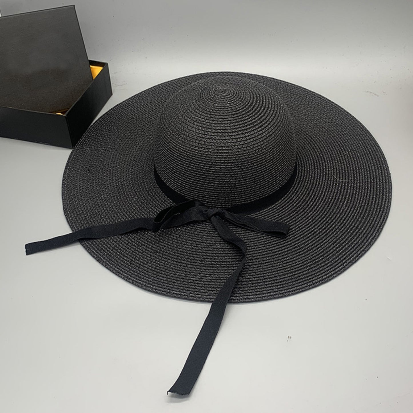 Honeybee Mumford's Paper Braided Wide Brim Hat w/ black Bow in Ivory, Navy, Black, Tan