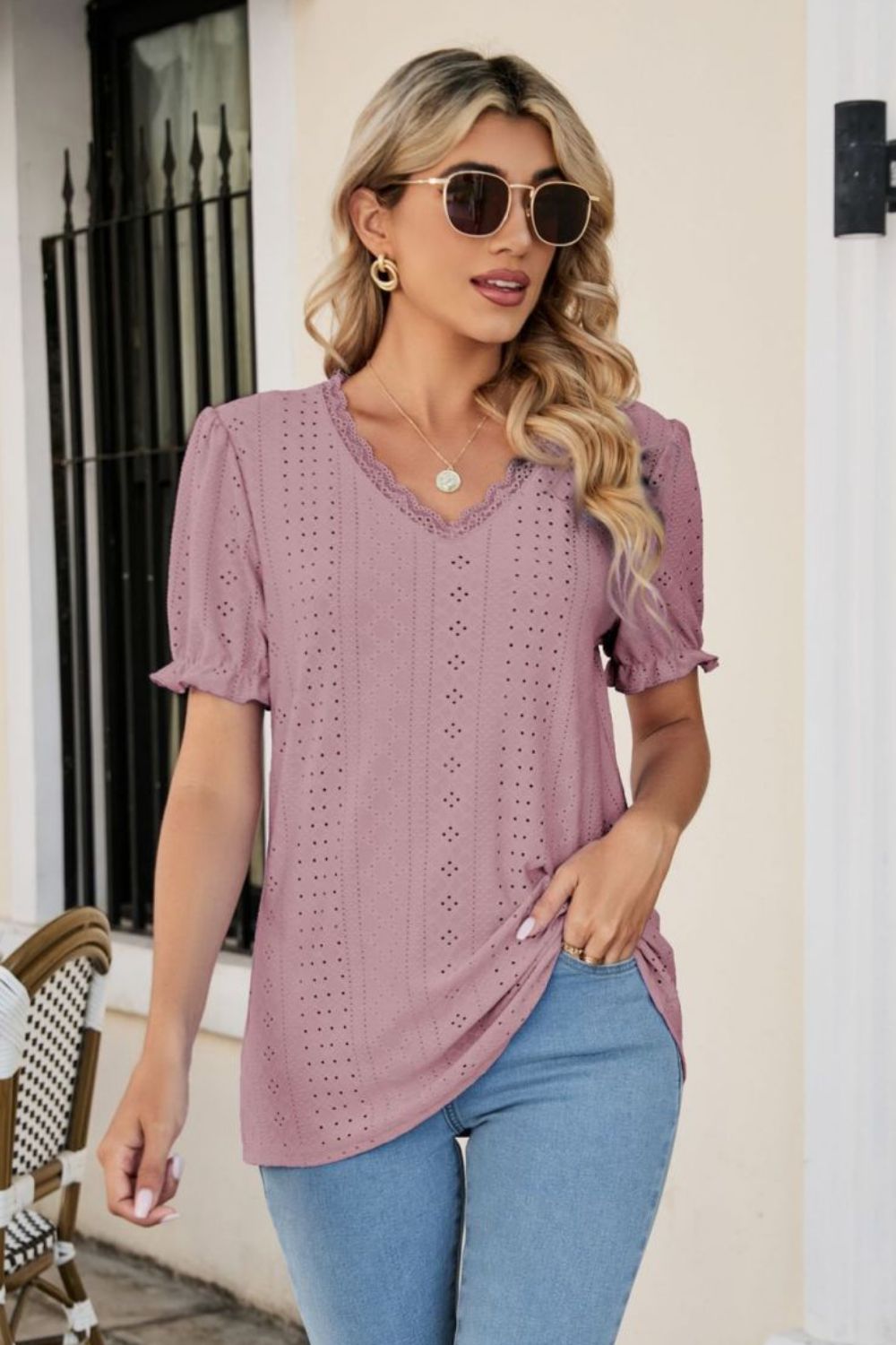 Honeybee Mumford's Eyelet Flounce Sleeve Scalloped V-Neck Top