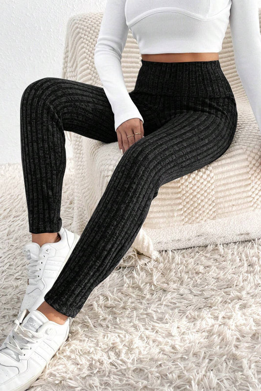 honeybee Mumford's Black Wide Waistband Ribbed Textured Knit Leggings