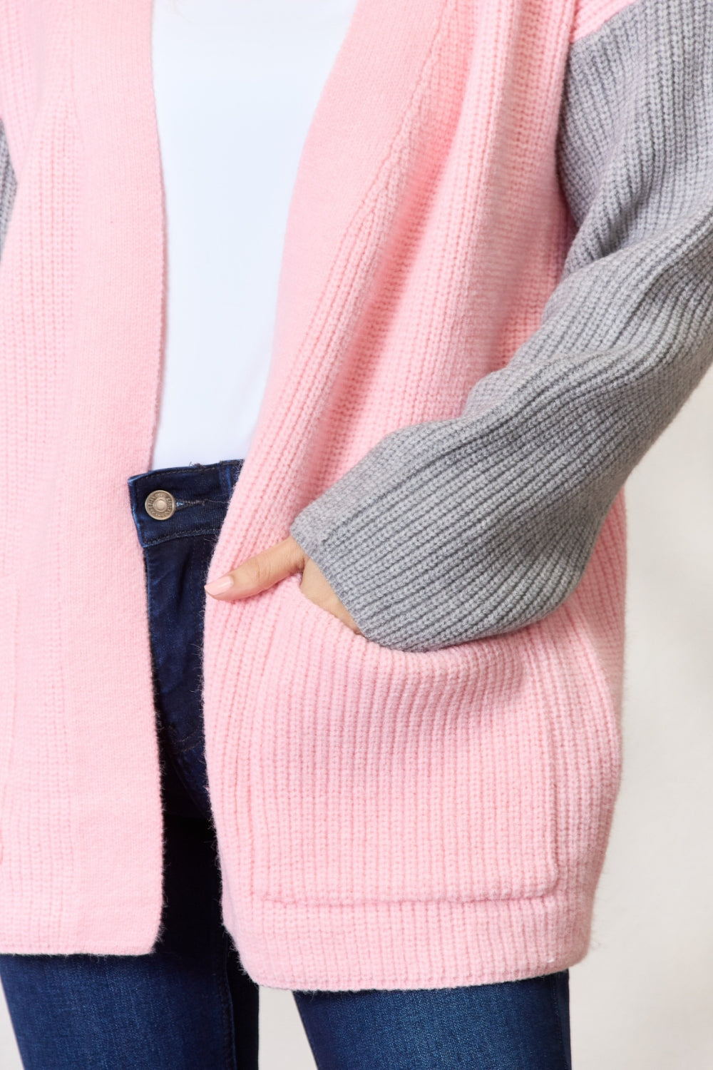 honeybee Mumford's Blush & Grey Contrast Open Front Cardigan with Pockets