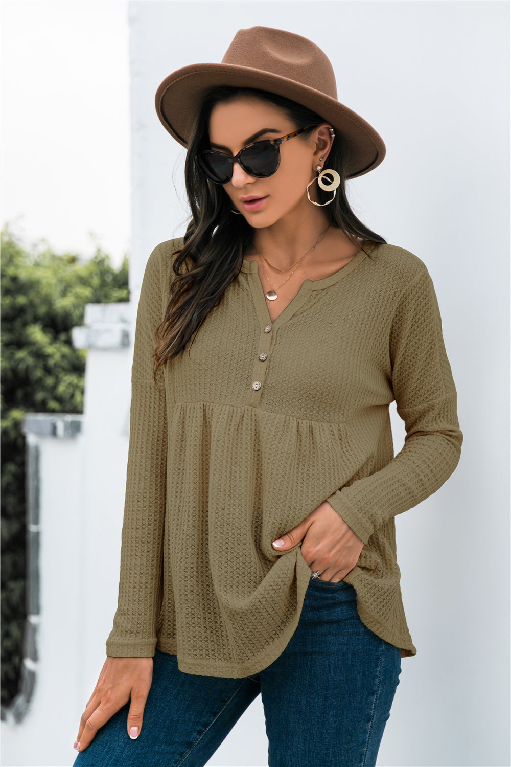 Honeybee Mumford's Front Button Waffle Knit Babydoll Top in Black, Army Green and Apricot