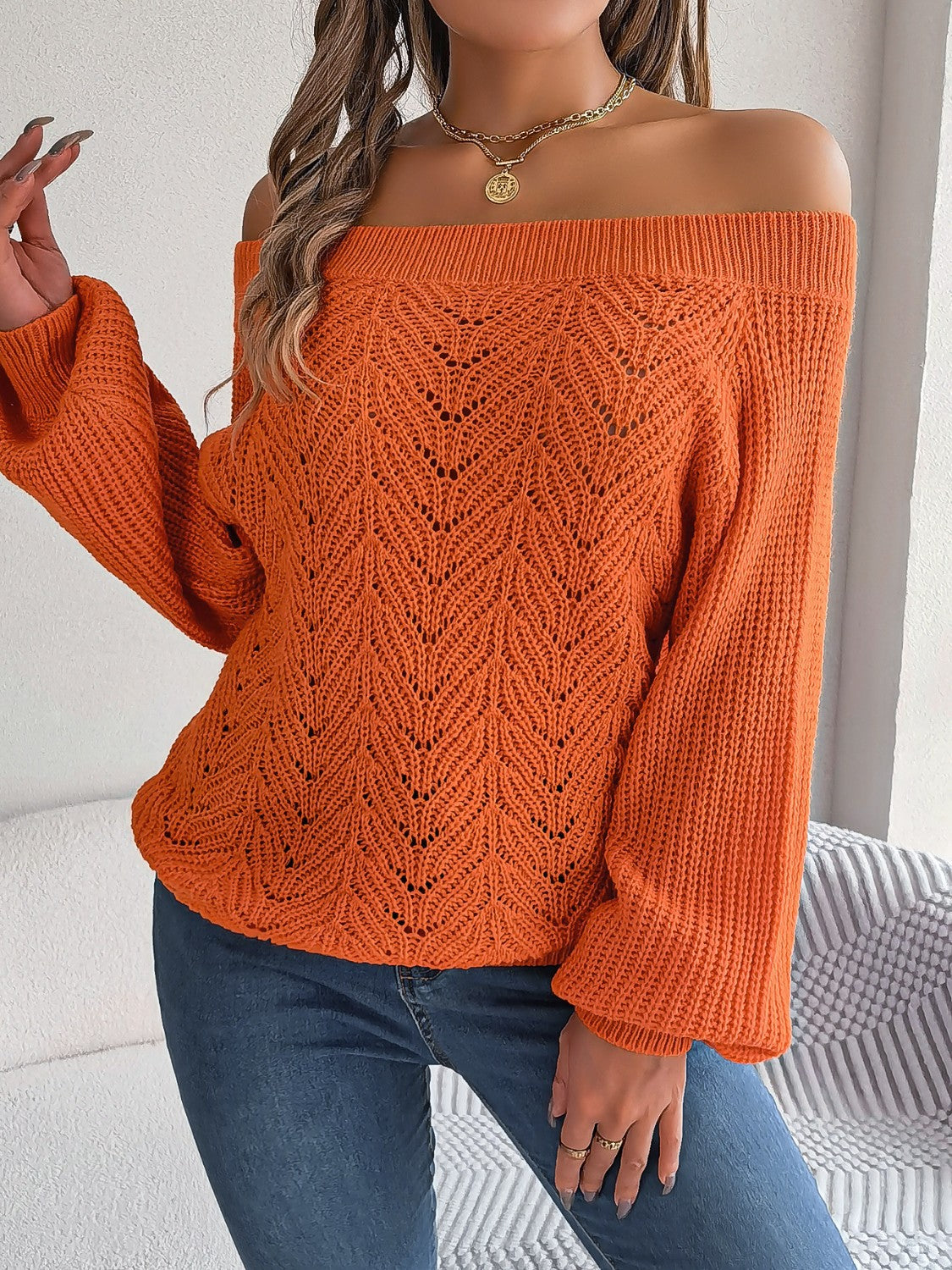 Honeybee Mumford's Openwork Off-Shoulder Long Sleeve Sweater