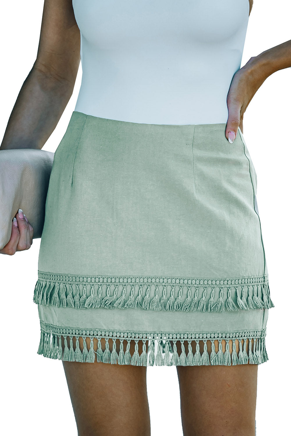 Honeybee Mumford's Green Tiered Tassel Zip-up High Waist Mini Skirt