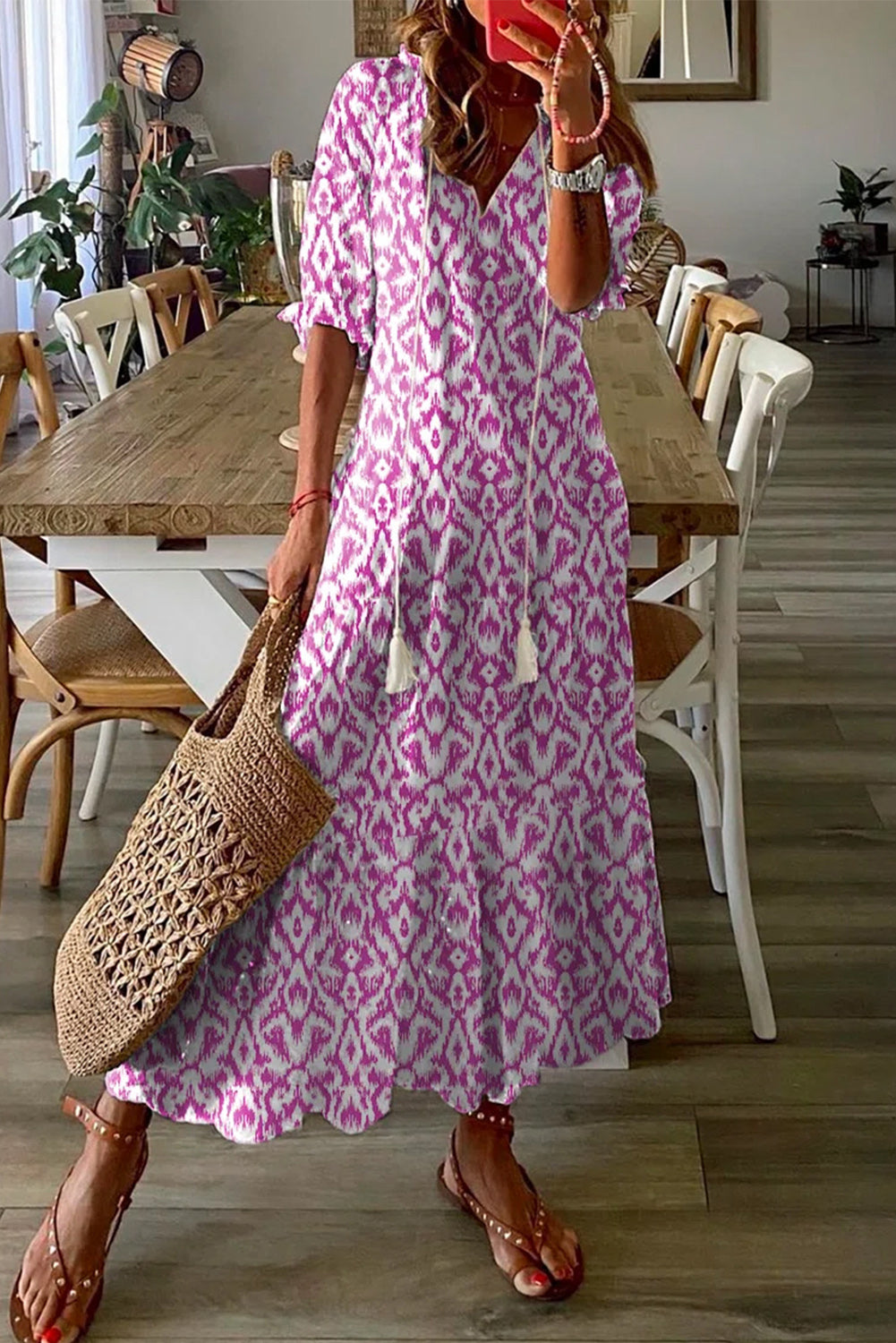 Honeybee Mumford's Pink V Neck Casual Geometric Print Maxi Dress