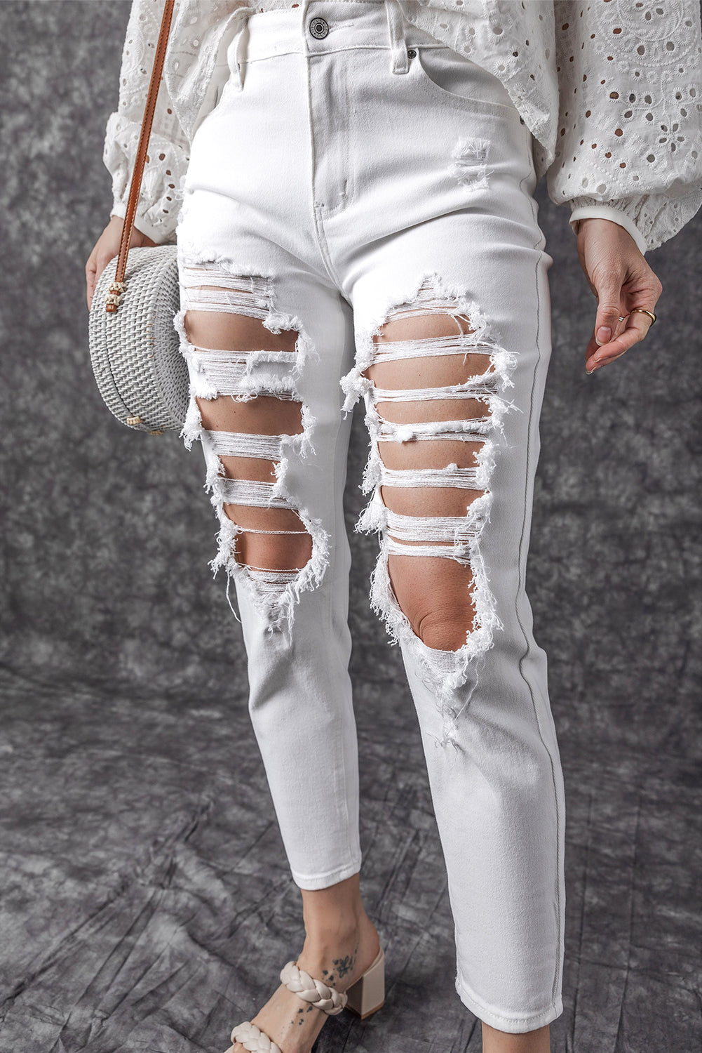 Honeybee Mumford's White Distressed Ripped Holes High Waist Skinny Jeans