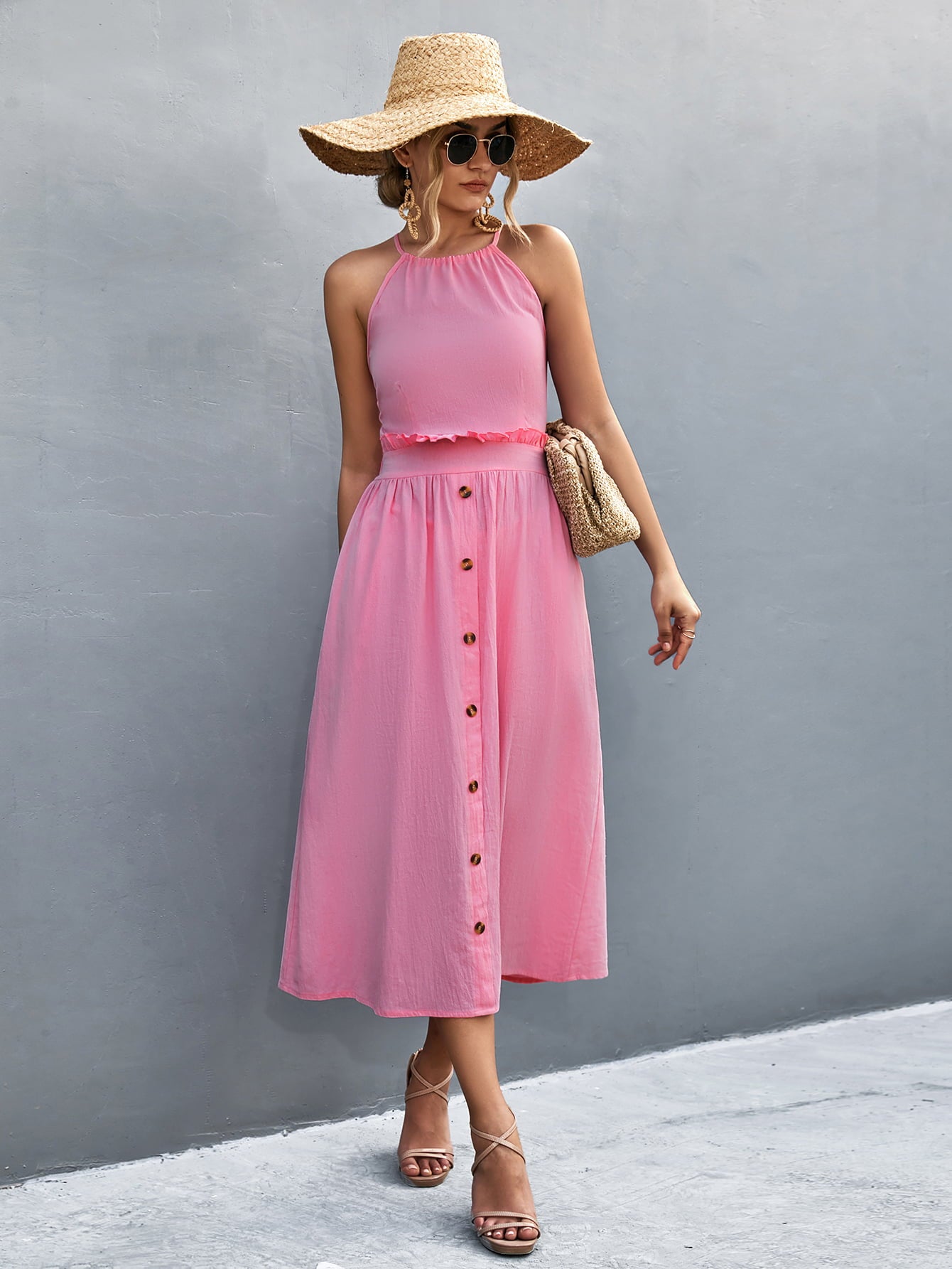 Honeybee Mumford's Buttoned Halter Neck Frill Trim Midi Dress