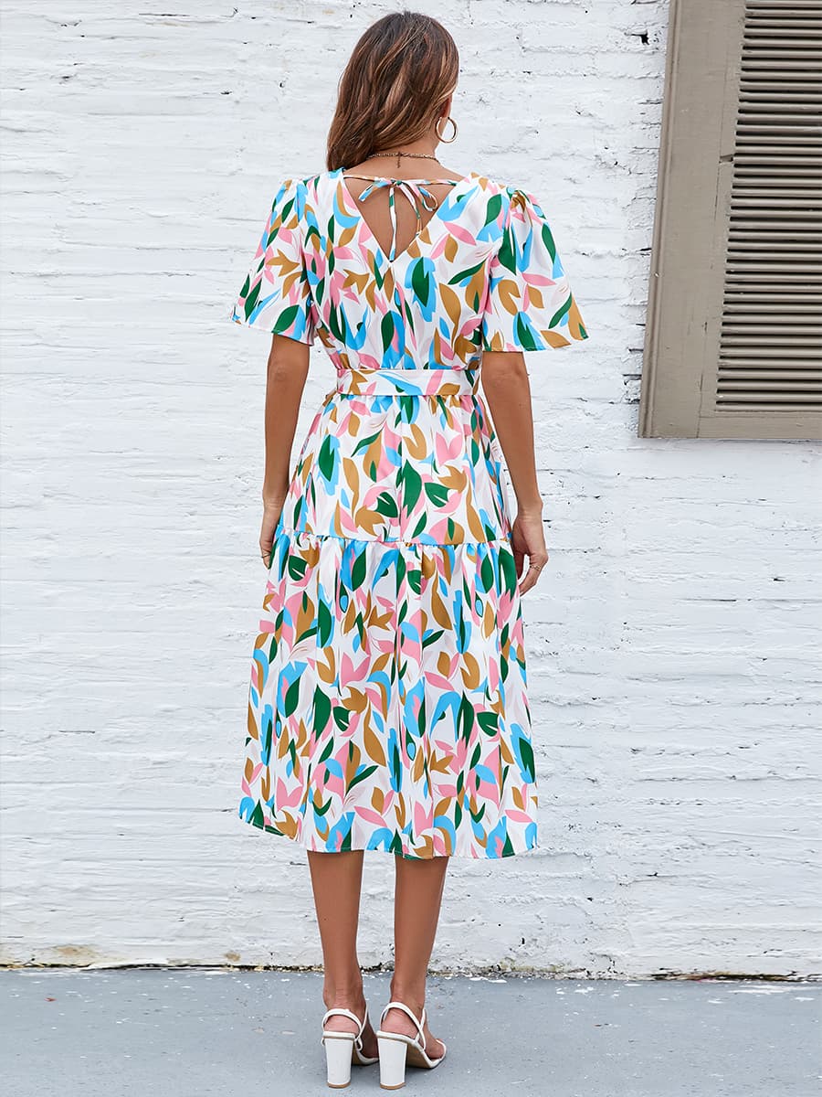 Honeybee Mumford's Printed Tie-Waist V-Neck Flutter Sleeve Dress